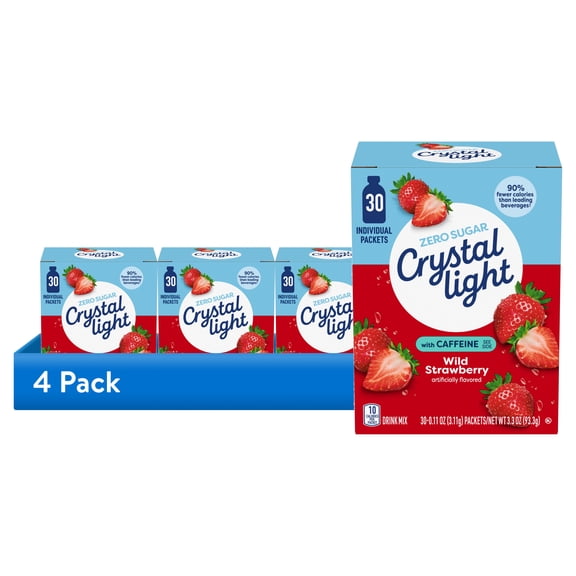 (4 pack) Crystal Light Drink Mix with Caffeine, 30 Packets, for Convenient On-the-Go Flavorful Hydration, Wild Strawberry Artificially Flavored Zero Sugar, 3.3 oz