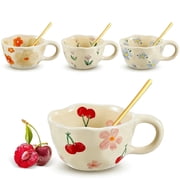 4 pack 250ml/8.45oz Cute Ceramic Flower Coffee Mug Set with Spoons, Hand-Painted Floral Handmade Milk Drink Set for Coffee, Tea, Latte,for Home & Office