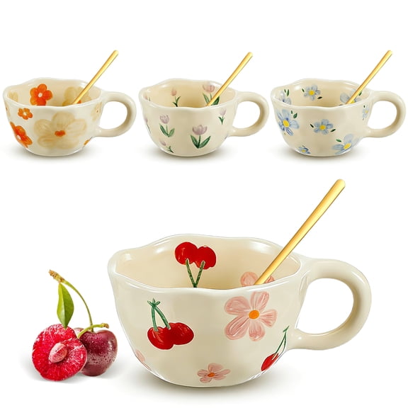 4 pack Cute Ceramic Flower Coffee Mug Set with 4 pack Spoons, Hand-Painted Floral Tea Cups, 4 Styles Handmade Milk Mug Set for Coffee, Tea, Latte,for Home & Office