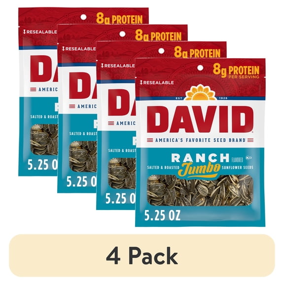 (4 pack) DAVID Jumbo Sunflower Seeds, Ranch Flavor, Easter Basket Stuffer for Baseball Players, 5.25 oz.