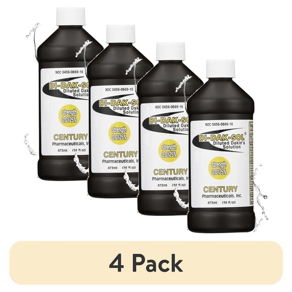 (4 pack) Dakin's Di-Dak-Sol Diluted Solution 0.0125% Sodium Hypochlorite Wound Cleanser for Acute and Chronic Wounds, Antimicrobial No-Rinse Formula 16 oz