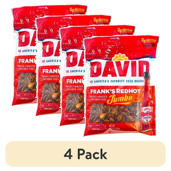 (4 pack) DAVID Jumbo Sunflower Seeds, Frank's RedHot Flavor, 5.25 oz.