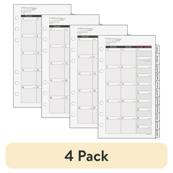 (4 pack) Day Runner Tabbed Monthly Calendar Refill
