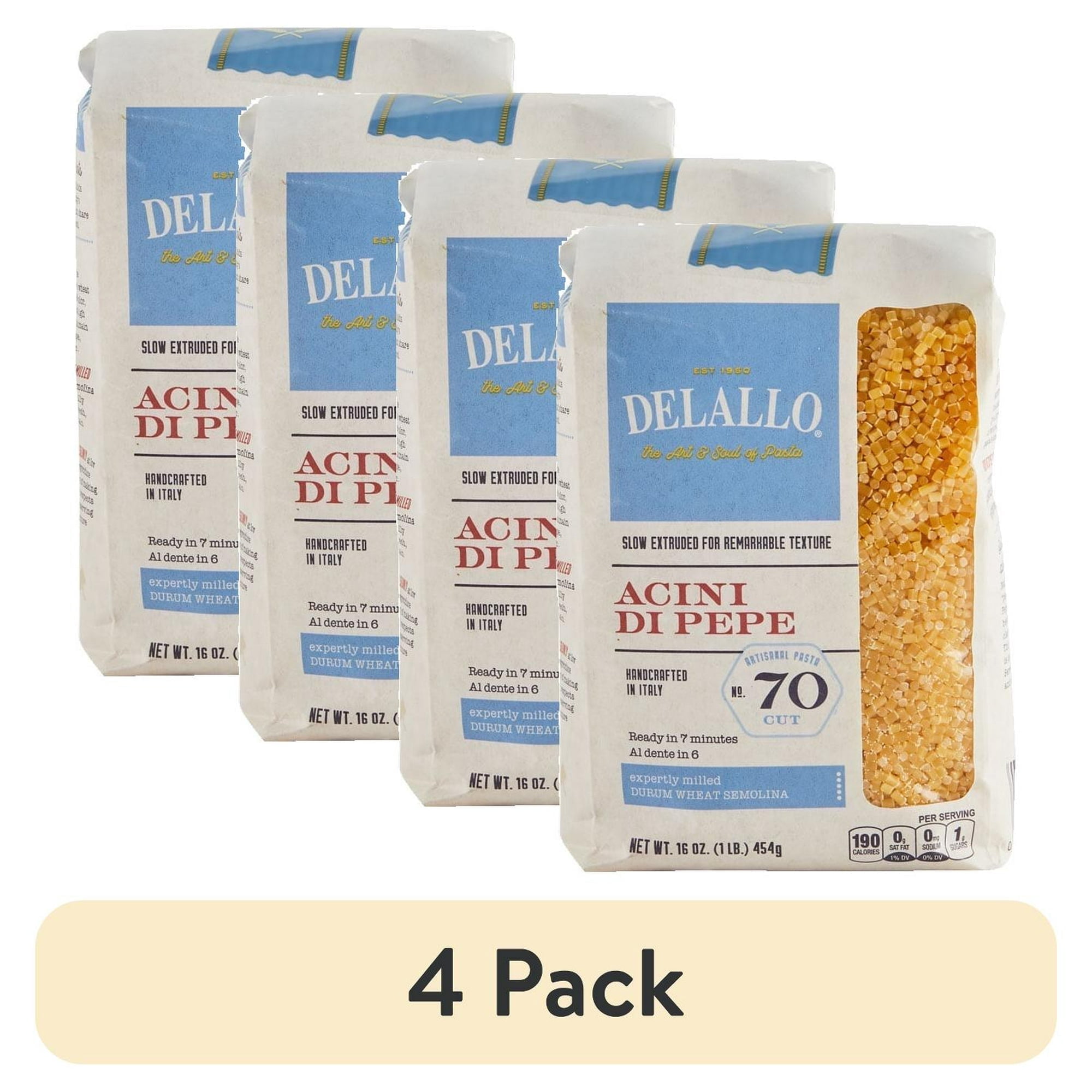 (4 pack) DeLallo Acini di Pepe, Pastina Pasta, Made in Italy, Cooks in 7 Minutes, Non-GMO, 1 lb Bag
