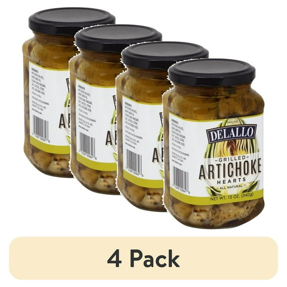(4 pack) DeLallo Grilled Artichoke Hearts, 12 oz Jar, Kosher, Non-GMO, Gluten-Free, Vegan