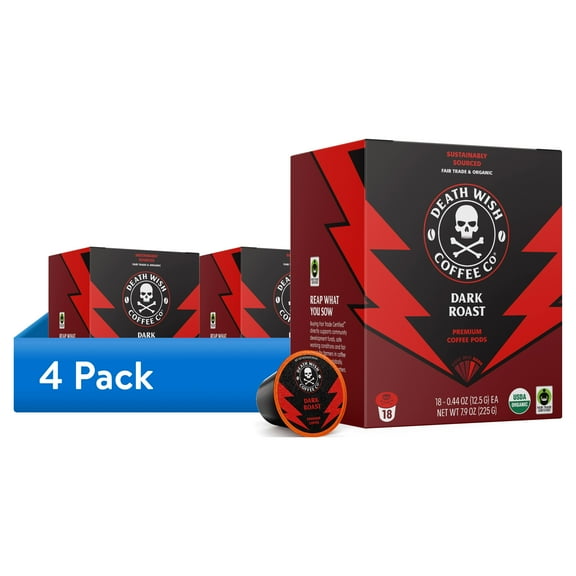 (4 pack) Death Wish Coffee, Organic and Fair Trade, Dark Roast, Single-Serve Coffee Pods, 18 Count