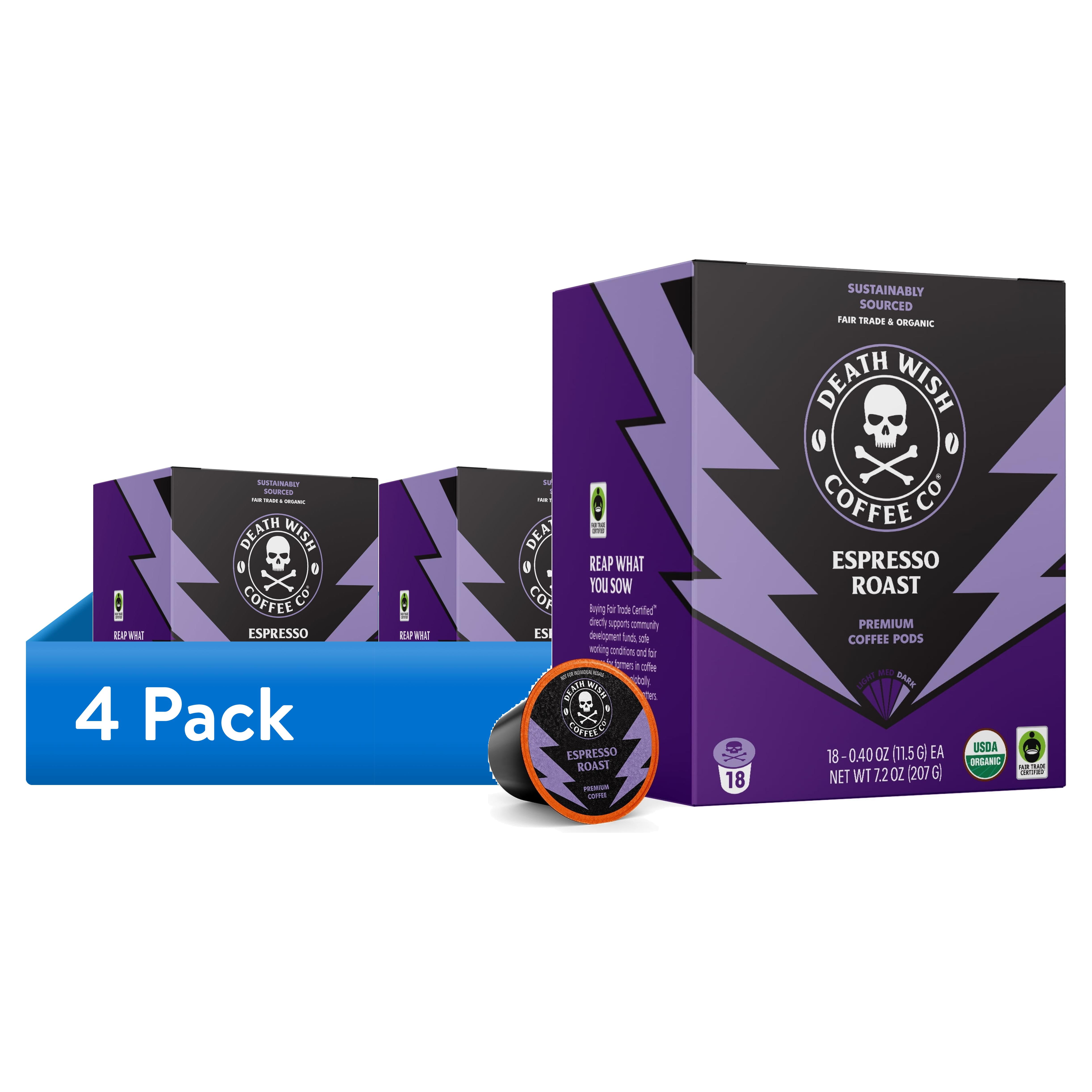 (4 pack) Death Wish Coffee, Organic and Fair Trade, Espresso Roast, Single-Serve Coffee Pods, 18 Count