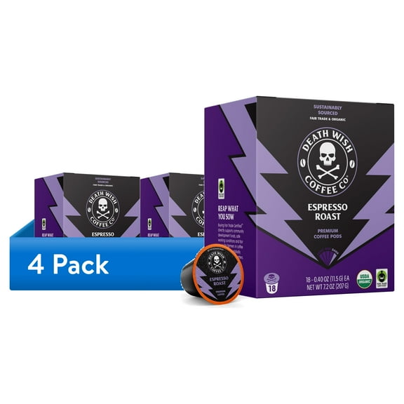 (4 pack) Death Wish Coffee, Organic and Fair Trade, Espresso Roast, Single-Serve Coffee Pods, 18 Count