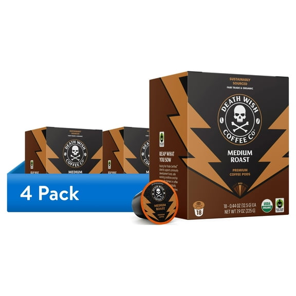 (4 pack) Death Wish Coffee, Organic and Fair Trade, Medium Roast, Single-Serve Coffee Pods, 18 Count