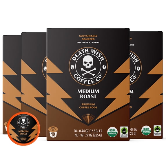 (4 pack) Death Wish Coffee, Organic and Fair Trade, Medium Roast, Single-Serve Coffee Pods, 18 Count