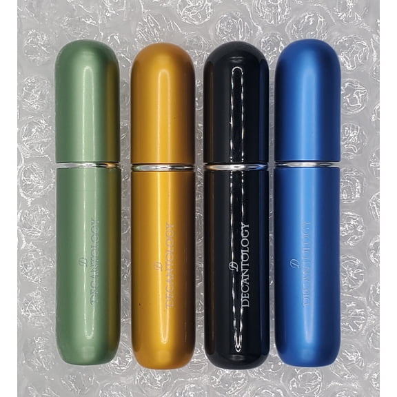 (4 pack) Decantology 5ml Refillable Travel Spray Bottles for Fragrances/Perfumes Green, Gold, Black, Blue