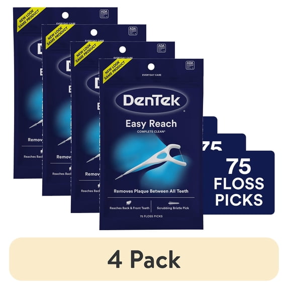 (4 pack) DenTek Complete Clean Easy Reach Floss Picks, No Break & No Shred Floss, 75 Count