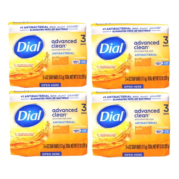 (4 pack) Dial Antibacterial Deodorant Bar Soap, Gold, 4 oz, 3 Bars