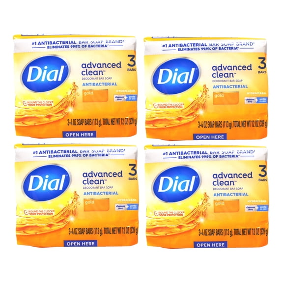 (4 pack) Dial Antibacterial Deodorant Bar Soap, Gold, 4 oz, 3 Bars