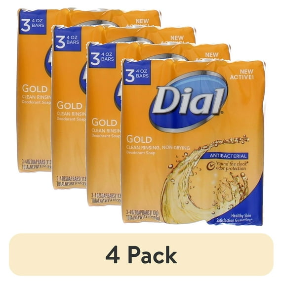 (4 pack) Dial Antibacterial Deodorant Bar Soap, Gold, 4 oz, 3 Bars