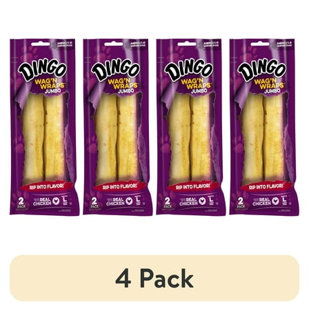 (4 pack) Dingo Wag 'N' Wraps Jumbo Dog Chew with Real Chicken, 2-treats