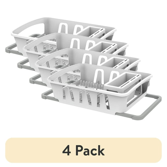 (4 pack) Mainstays Expandable Kitchen Dish Drying Rack with Utensil Holder, Countertop Dish Drainer Rack for Plates, Cups and Kitchen Sink Organization, White