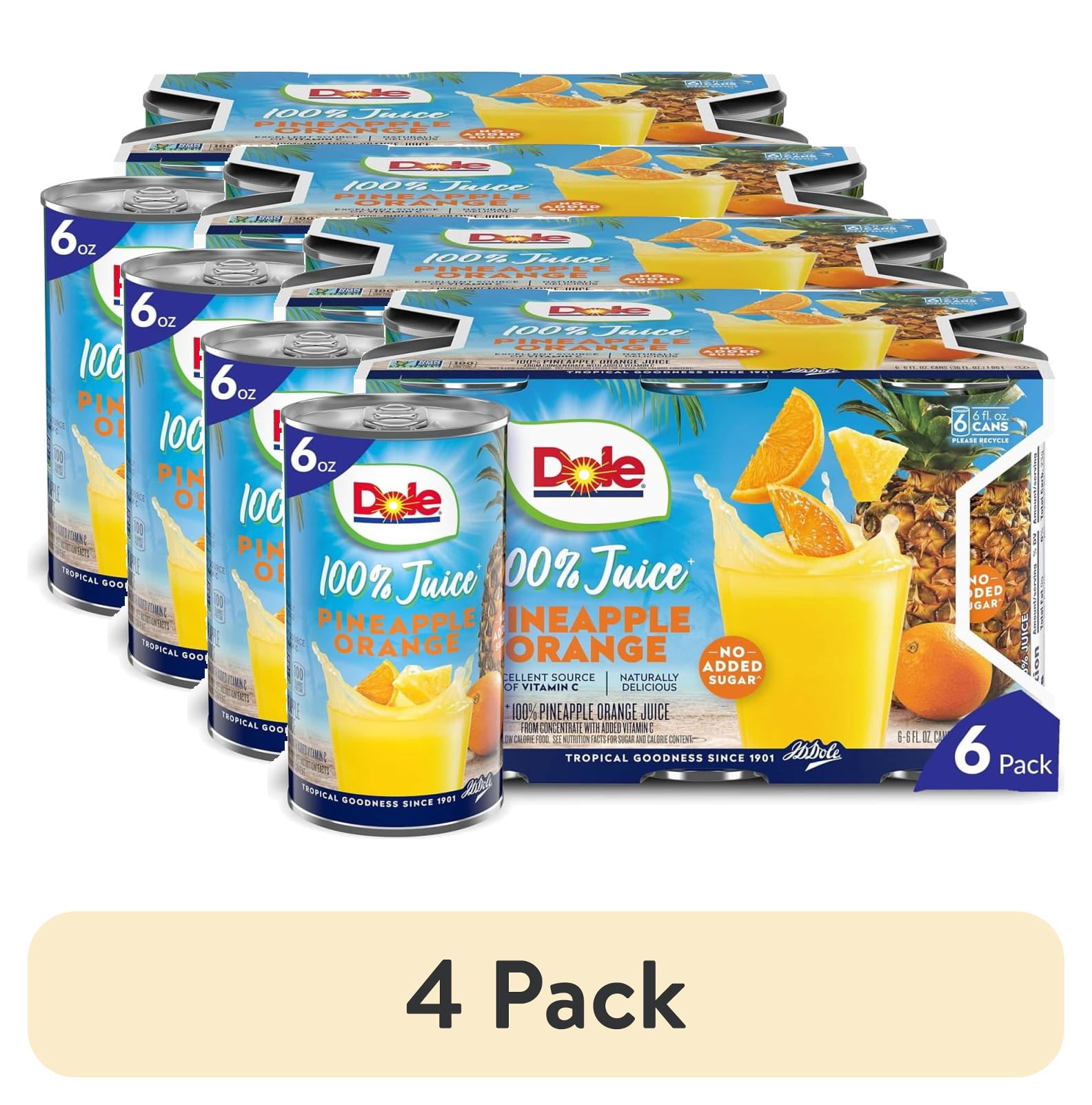 (4 pack) Dole All Natural 100% Pineapple Orange Juice, 6 fl oz, 6 Count Cans