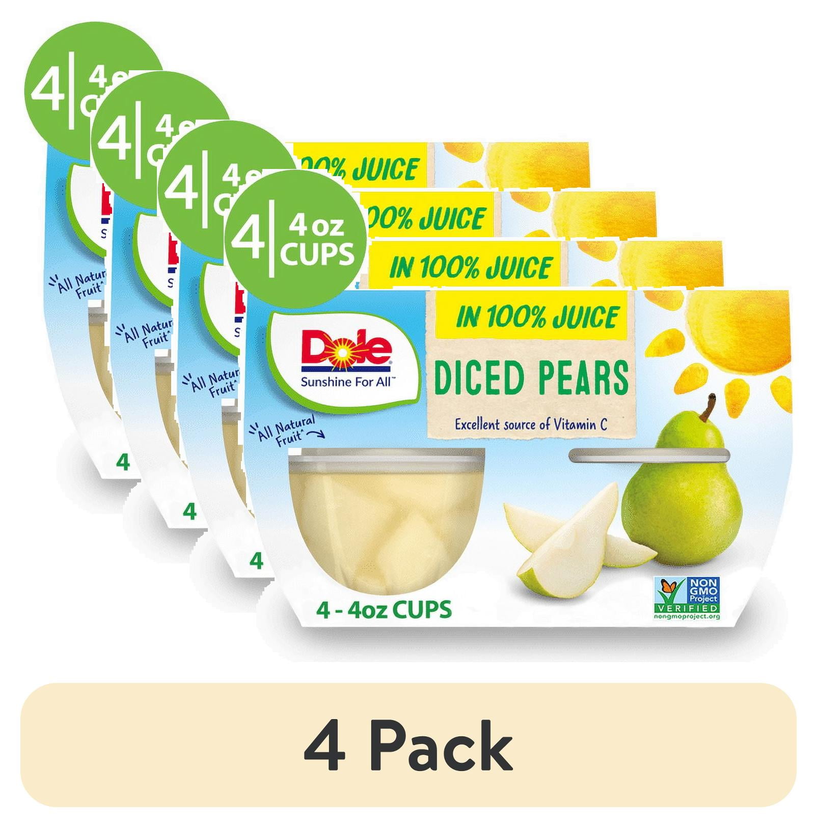 (4 pack) Dole Fruit Bowls Diced Pears in 100% Fruit Juice, 4 oz Cups (4 Pack)