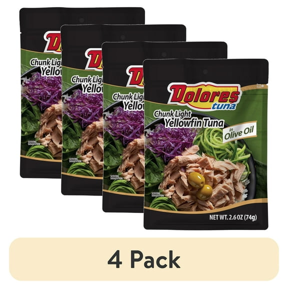(4 pack) Dolores Tuna in Oil, Chunk Light Yellowfin in Olive Oil, 2.6 oz Pouch
