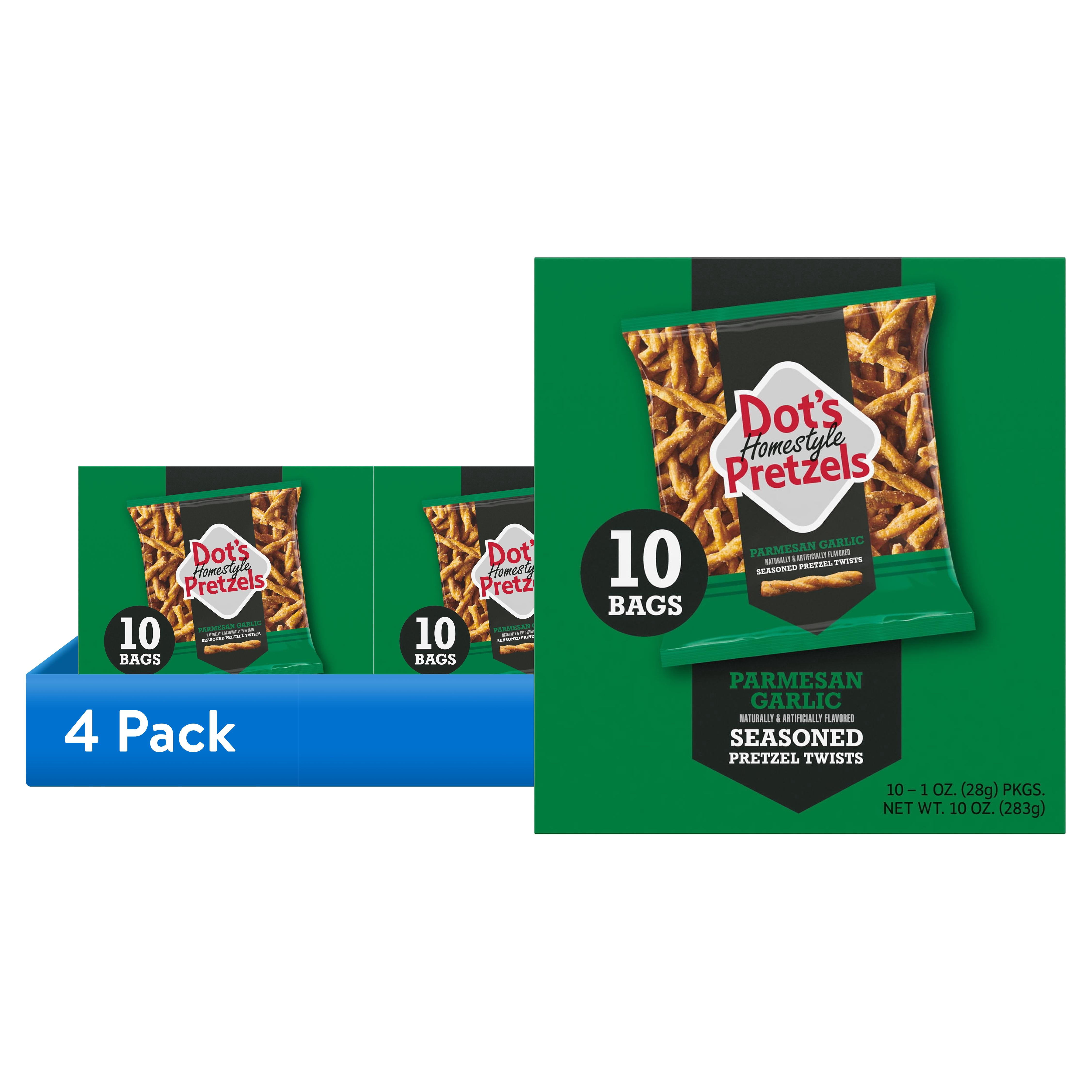 (4 pack) DOT'S Homestyle Pretzels Parmesan Garlic Flavored Seasoned Pretzel Twists Bags, 1 oz (10 Count)