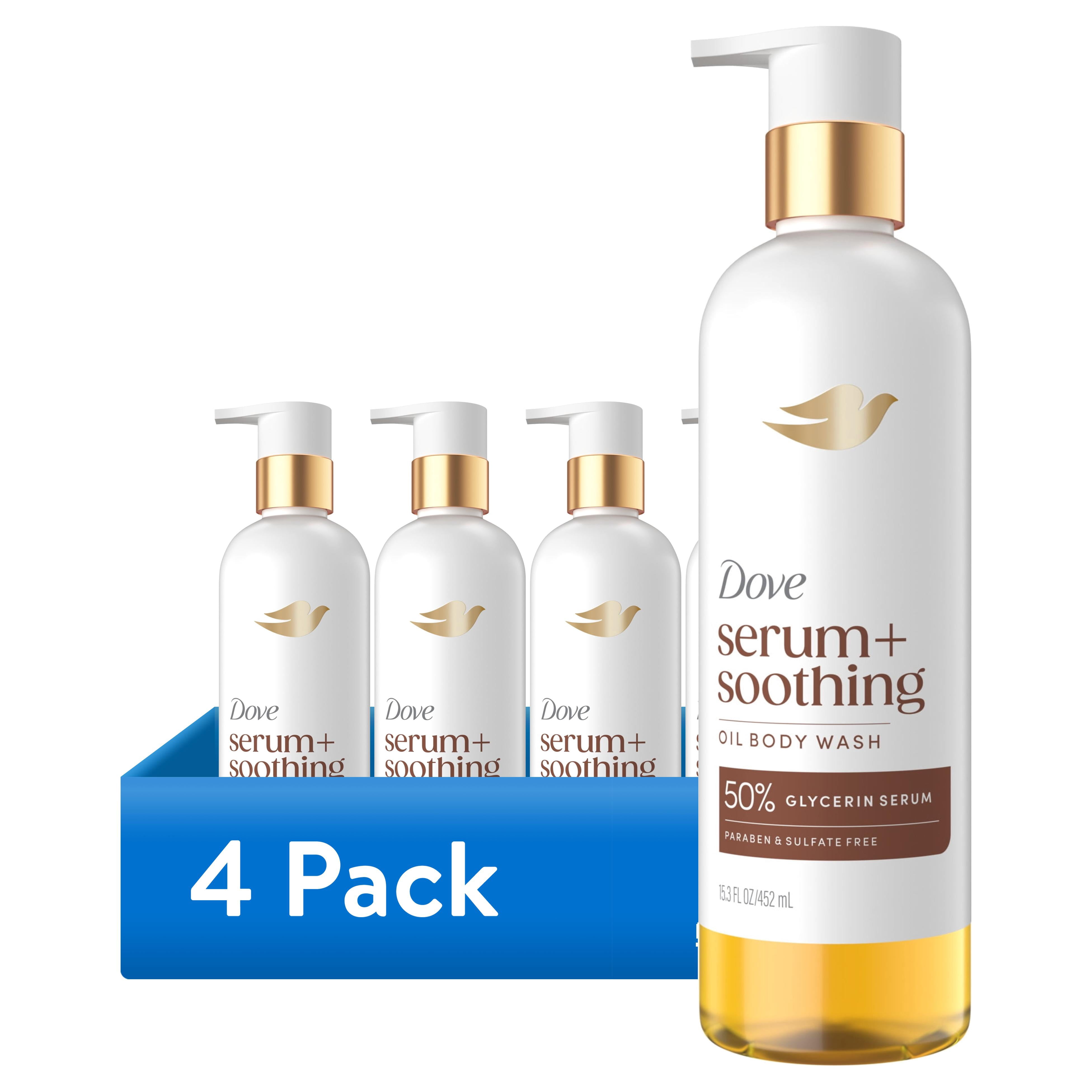 (4 pack) Dove Almond Oil & Sandal Wood Oil Body Wash for Women Serum + Soothing for Hydrated & Repaired Skin, 15.3 fl oz