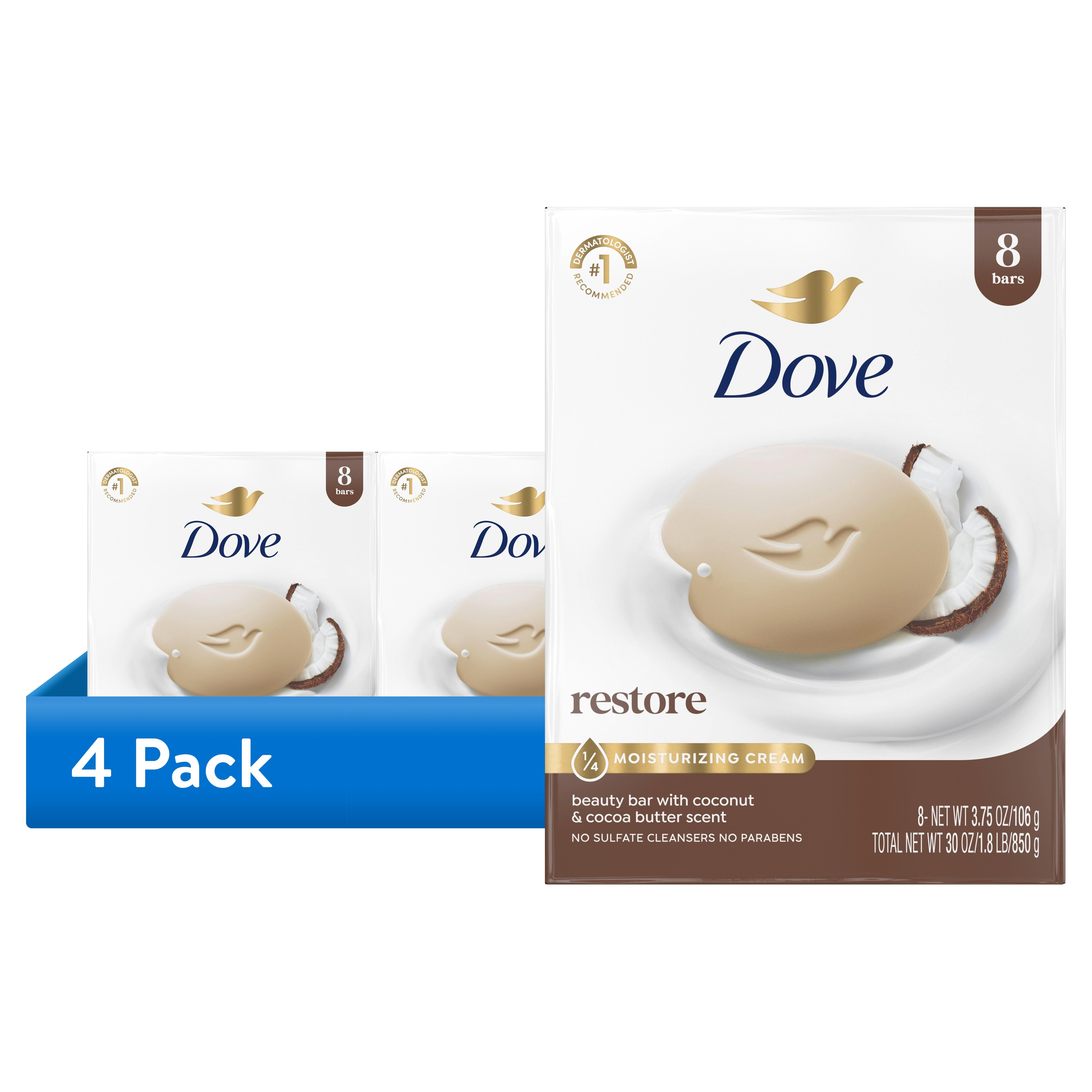 (4 pack) Dove Beauty Bar Soap For Restored Skin Restoring Coconut & Cocoa Butter Nourishes Skin, 3.75 oz 8 Bars