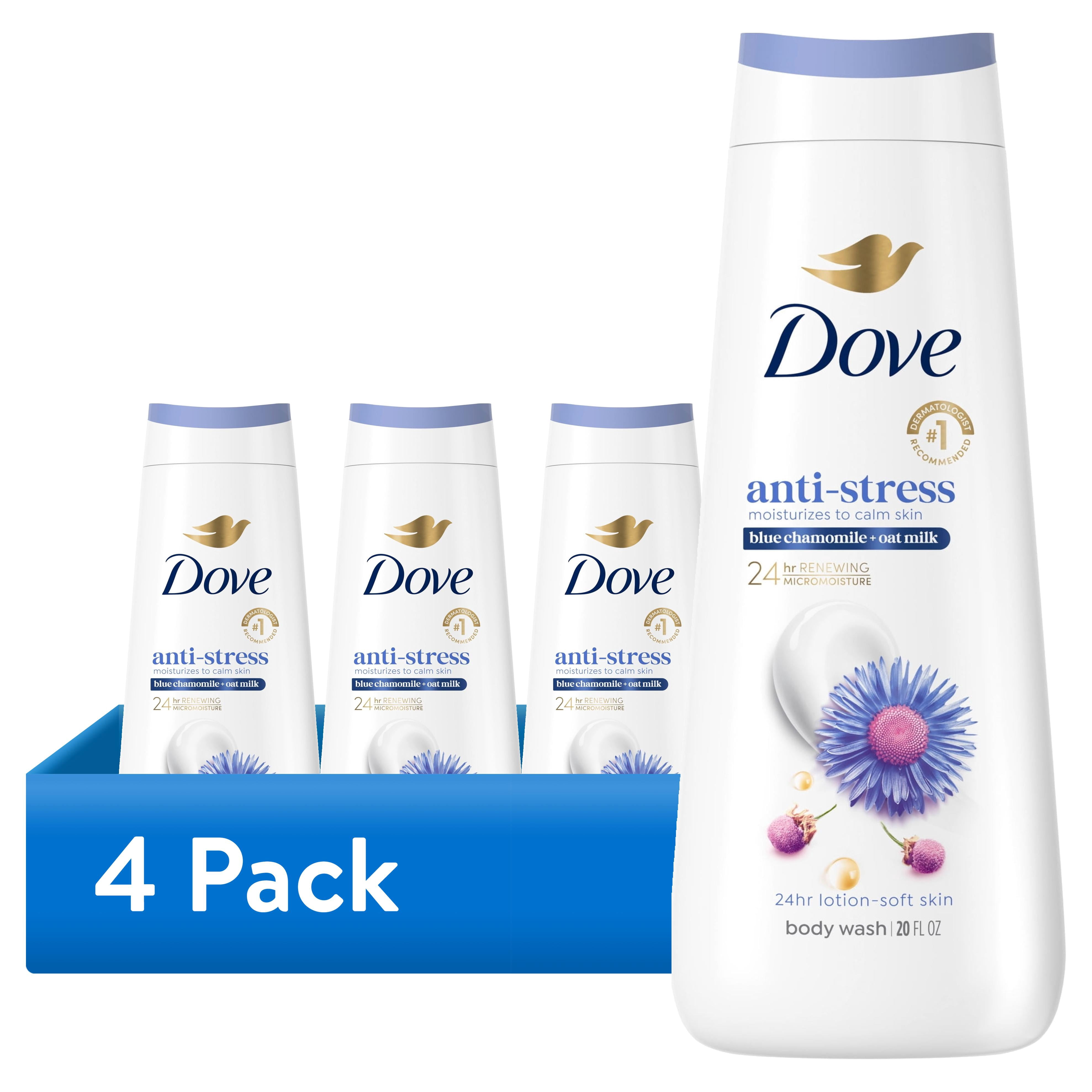 (4 pack) Dove Body Wash For 24hr Lotion-Soft Skin Anti-Stress Blue Chamomile & Oat Milk Moisturizing Skin Cleanser With No Sulfates No Parabens ,20 fl oz