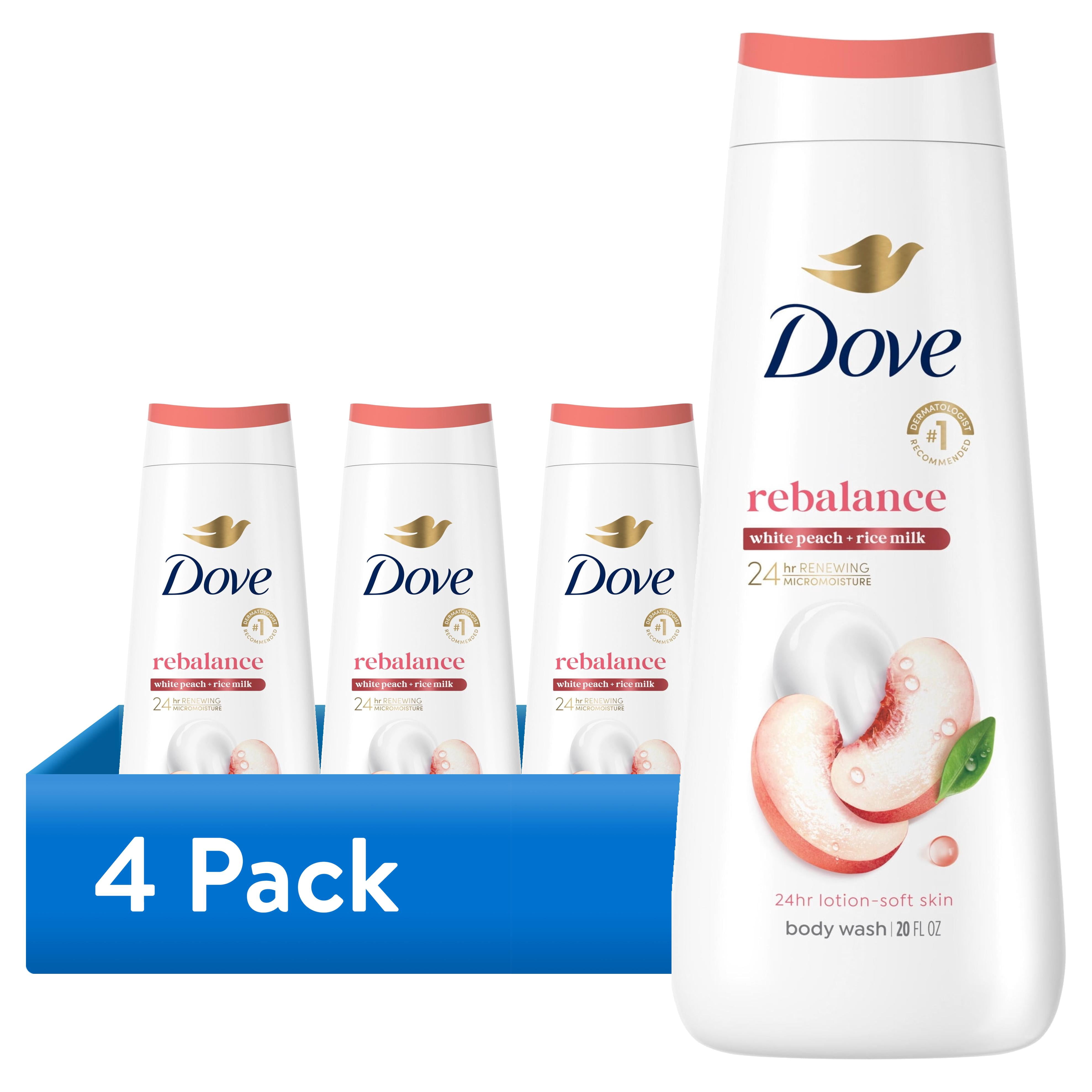 (4 pack) Dove Body Wash For 24hr Lotion-Soft Skin Rebalance White Peach & Rice Milk Moisturizing Skin Cleanser With No Sulfates No Parabens ,20 fl oz