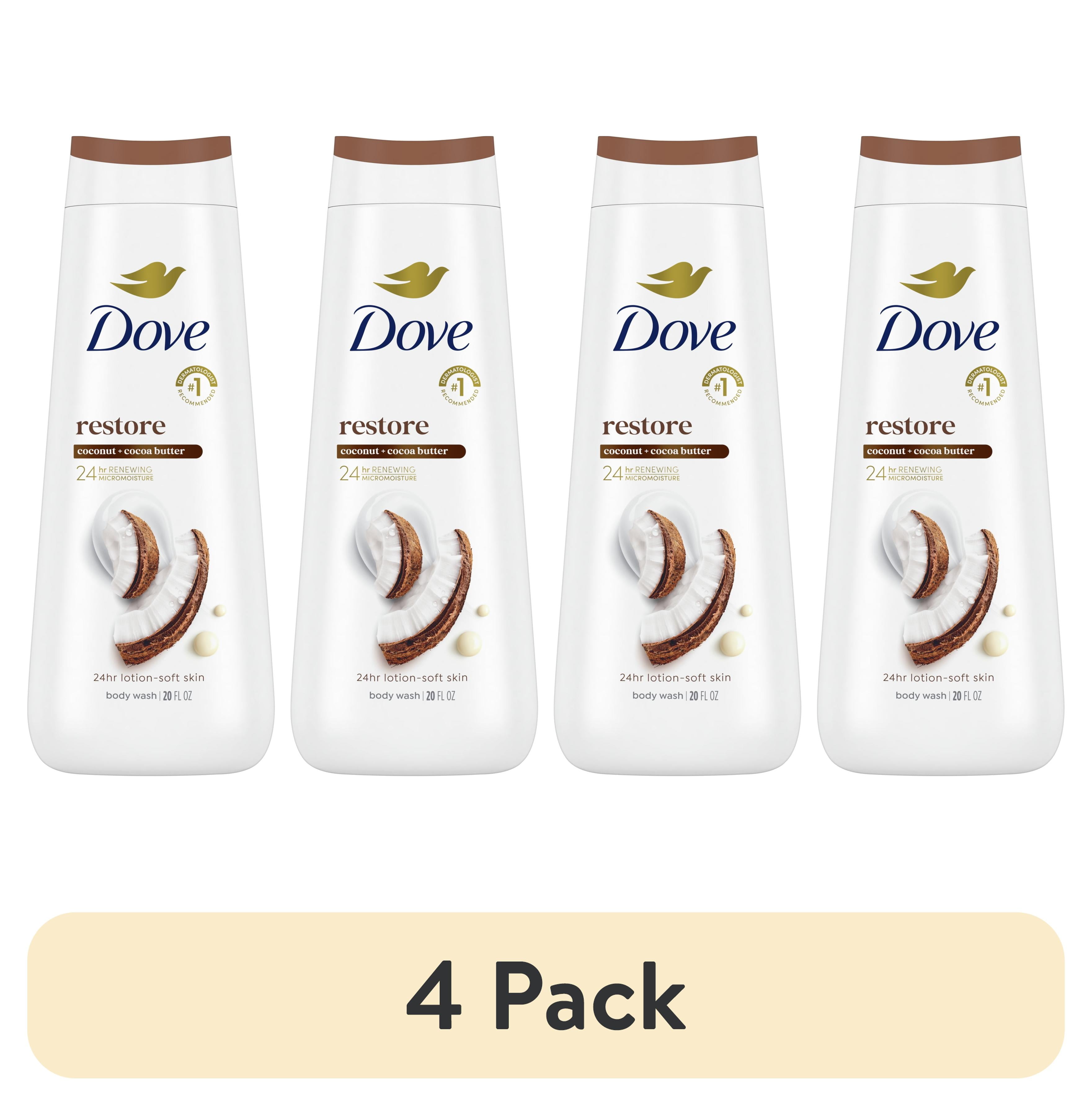 (4 pack) Dove Women's Body Wash Restoring Coconut & Cocoa Butter Gentle Skin Cleanser All Skin, 20 oz