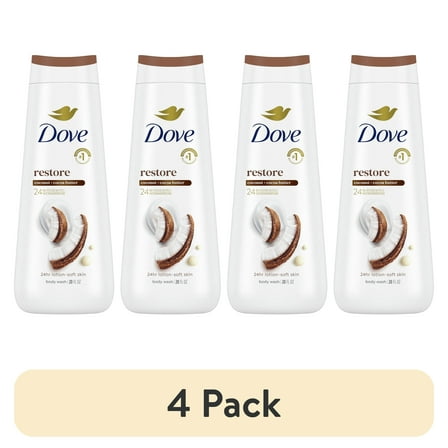 (4 pack) Dove Body Wash for Women Moisturizing Restore Coconut & Cocoa Butter Cleanser All Skin, 20 oz
