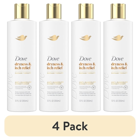 (4 pack) Dove Damage Therapy Derma Conditioner for Flaky Scalp Dryness + Itch with Pyrithione Zinc and Coconut Oil, 12 Fl Oz