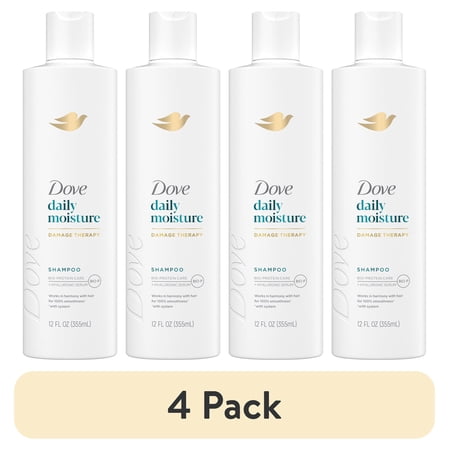 (4 pack) Dove Damage Therapy Shampoo for Dry Hair Daily Moisture with Bio-Protein Care Technology and Hyaluronic Serum, 12 Fl Oz