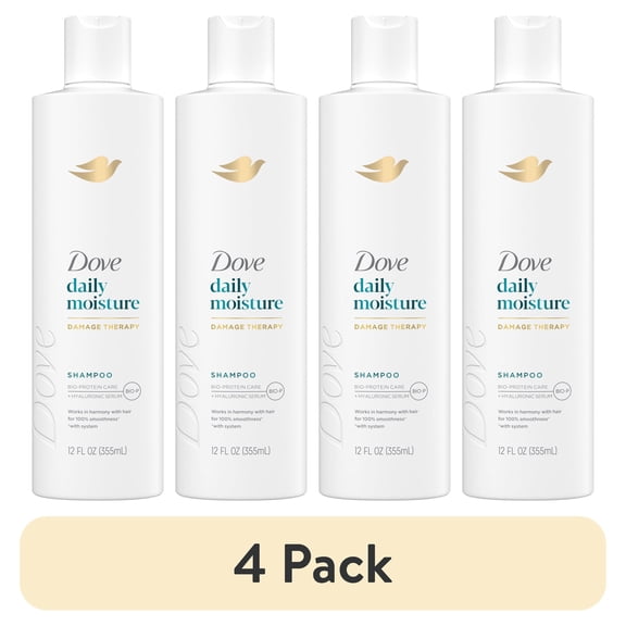 (4 pack) Dove Damage Therapy Shampoo for Dry Hair Daily Moisture with Bio-Protein Care Technology and Hyaluronic Serum, 12 Fl Oz