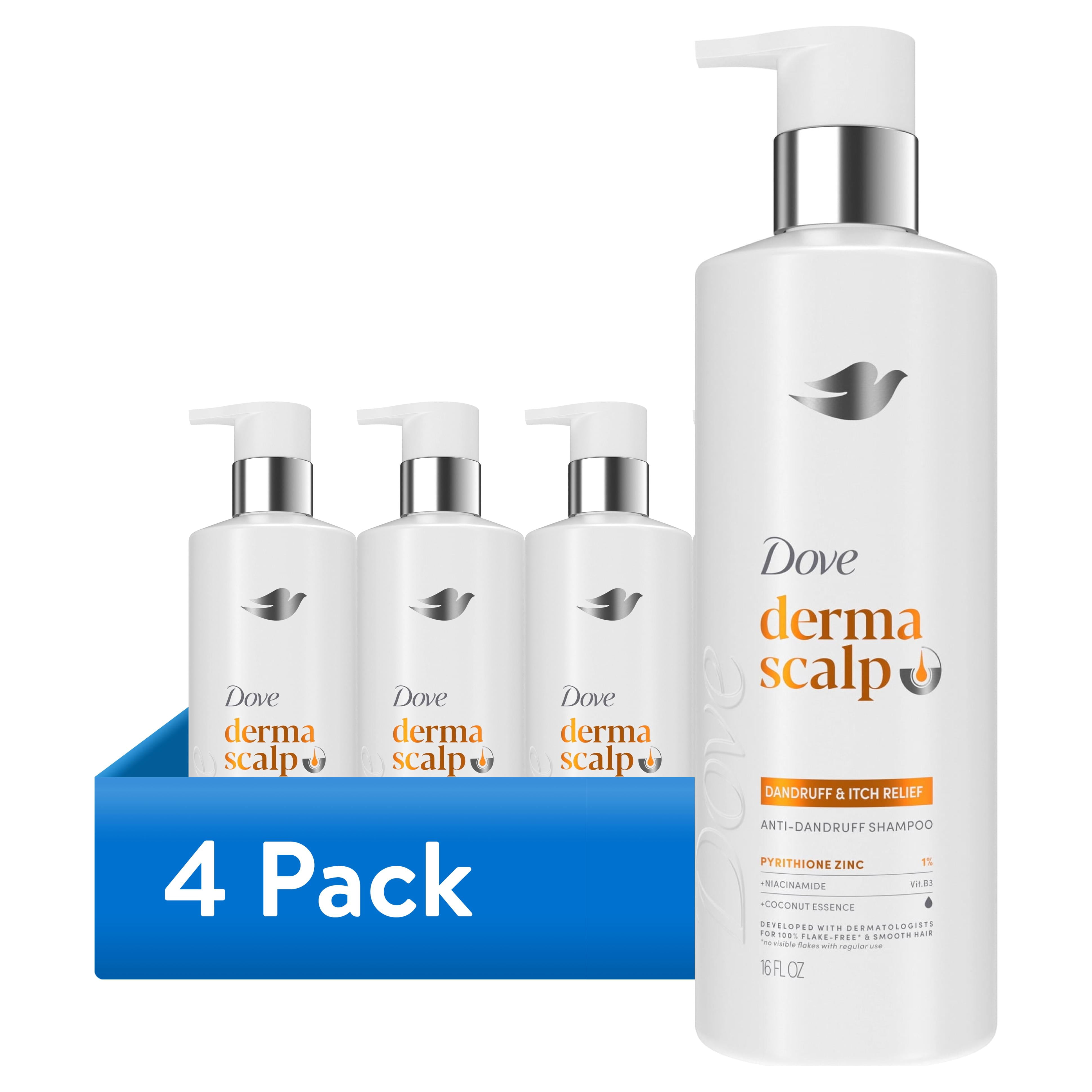 (4 pack) Dove Derma Scalp Dandruff & Itch Relief Shampoo with Pyrithione Zinc, Niacinamide and Coconut Essence for Flaky, Itchy Scalp Relief, 16 fl oz 1 Count