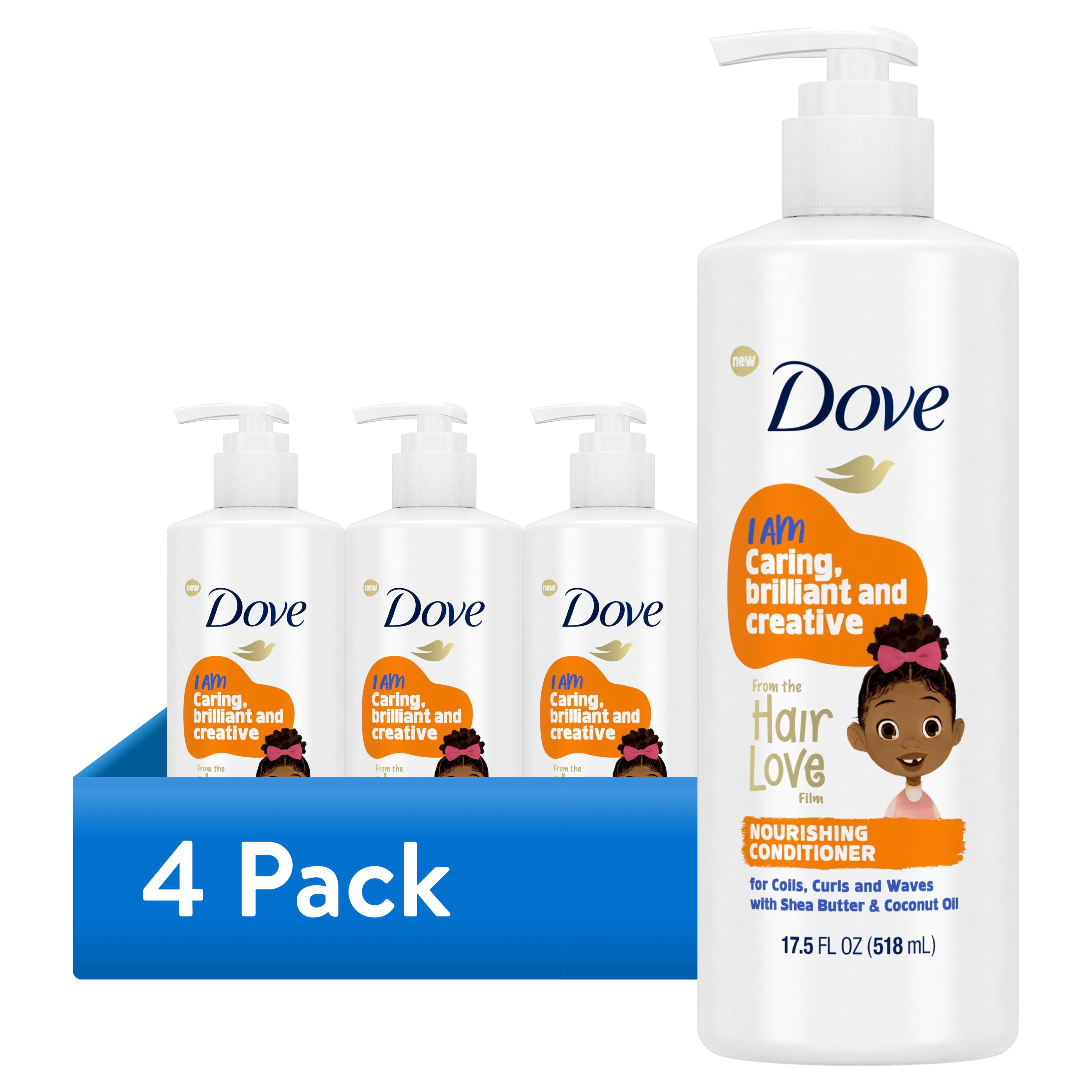 (4 pack) Dove Kids Care Conditioner for Coils, Curls and Waves Hair Love Kids Hair Care Infused with Coconut Oil and Shea Butter, 17.5 fl oz