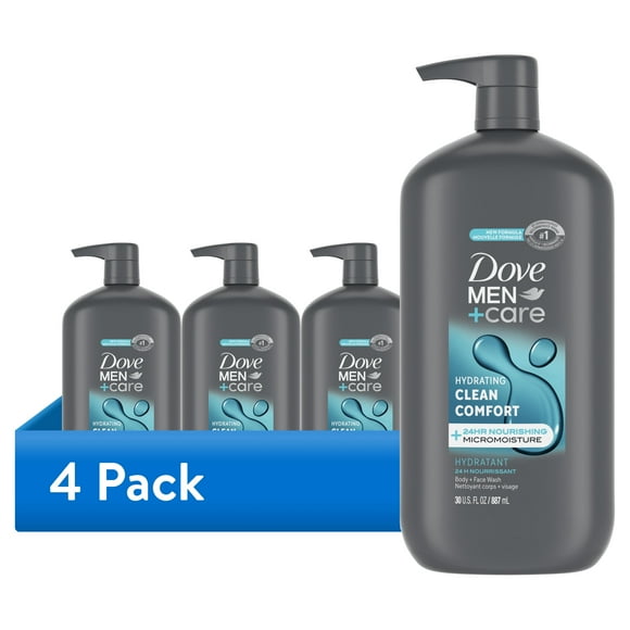 (4 pack) Dove Men+Care Body Wash & Face Wash for Men Clean Comfort, 30 oz