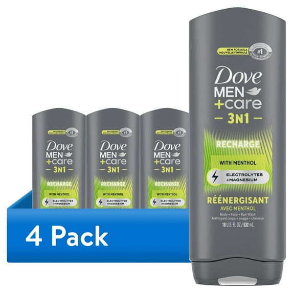 (4 pack) Dove Men+Care Recharge Nourishing 3-in-1 Body Face & Hair Wash for Men All Skin, 18 oz