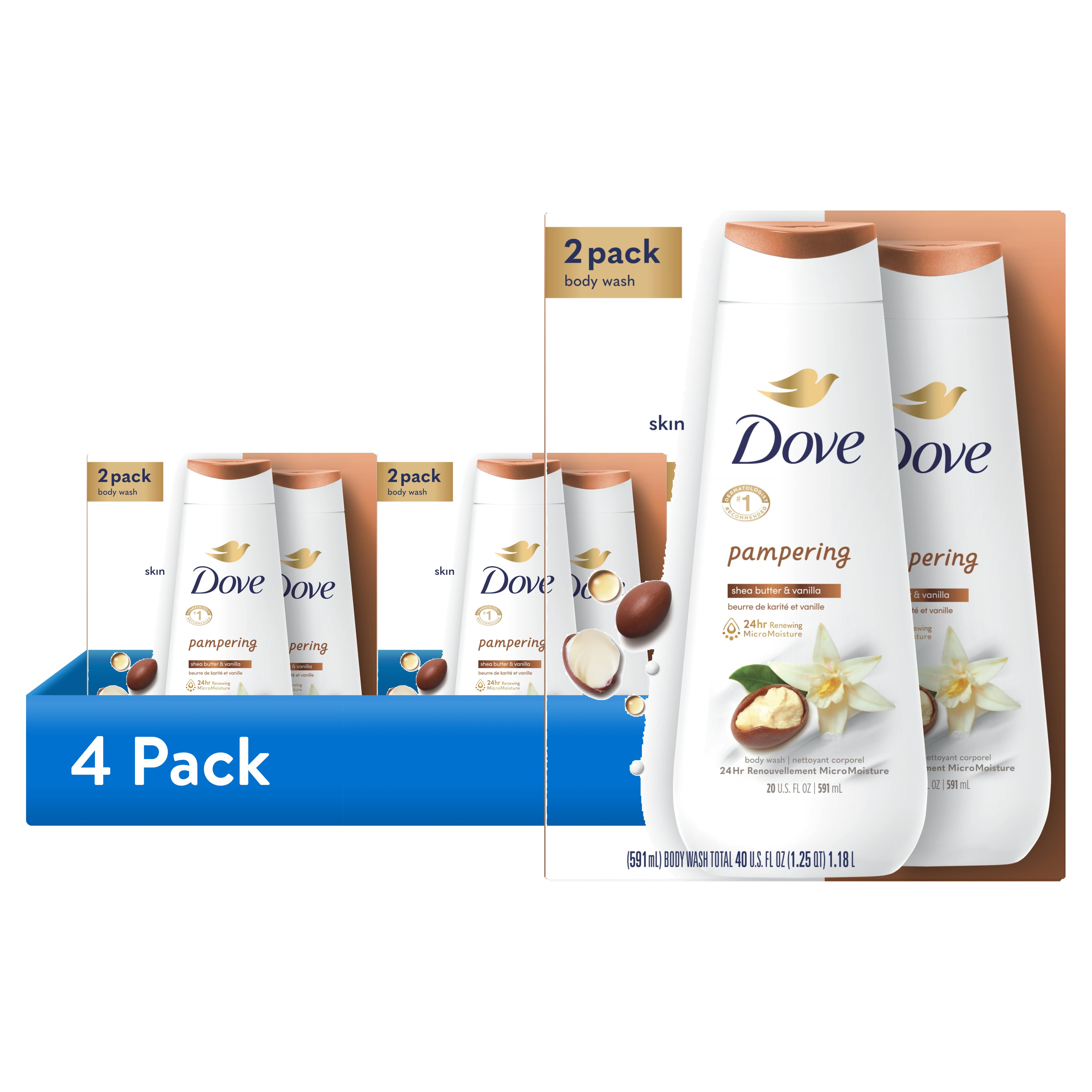 (4 pack) Dove Pampering Gentle Body Wash for Women All Skin Shea Butter & Vanilla, 20 fl oz Twin Pack