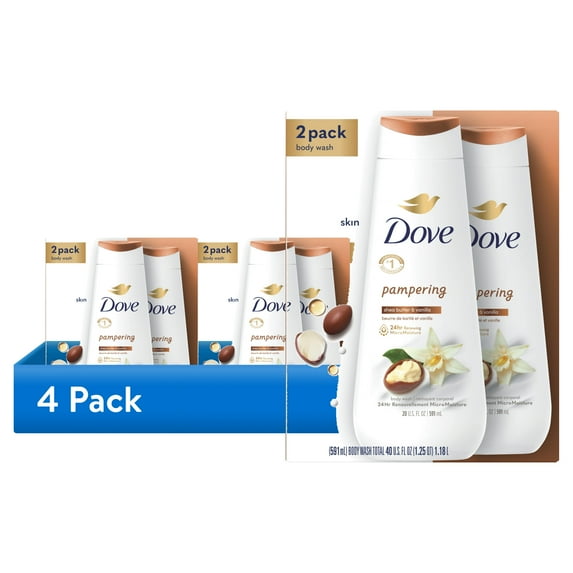 (4 pack) Dove Pampering Gentle Body Wash for Women All Skin Shea Butter & Vanilla, 20 fl oz Twin Pack