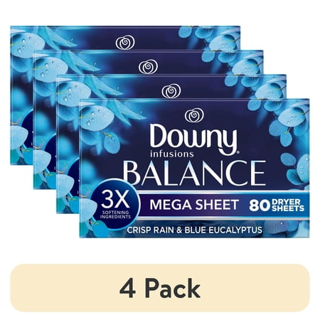(4 pack) Downy Fabric Softener Dryer Sheets, Infusions Balance Crisp Rain and Blue Eucalyptus Scent, 80 Mega Dryer Sheets