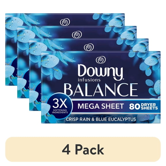 (4 pack) Downy Fabric Softener Dryer Sheets, Infusions Balance Crisp Rain and Blue Eucalyptus Scent, 80 Mega Dryer Sheets