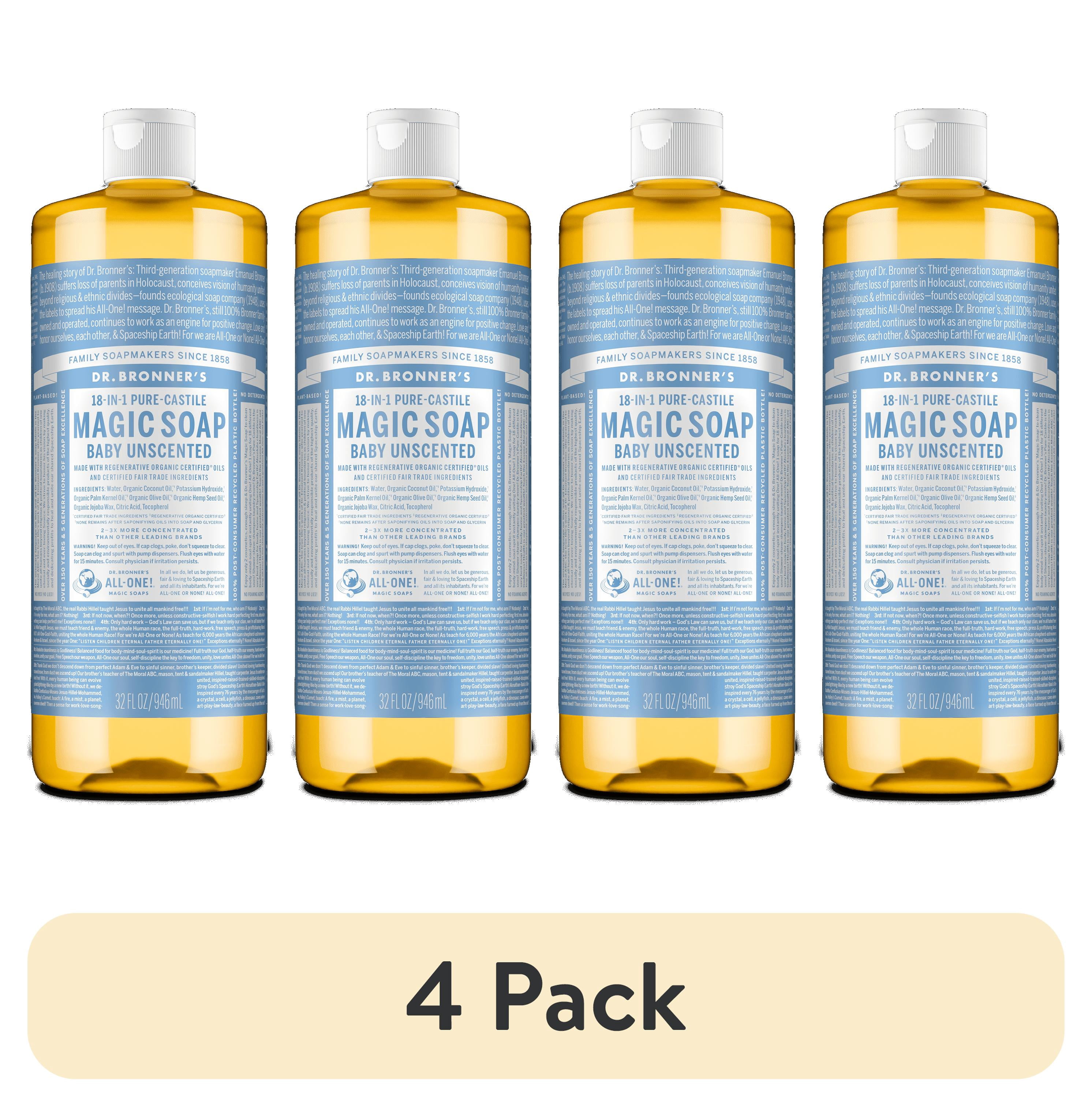 (4 pack) Dr. Bronner's Magic Soap - Castile Liquid Soap - 32 oz - Body Wash, Face Wash - Unscented - Age Group: Baby & All Ages