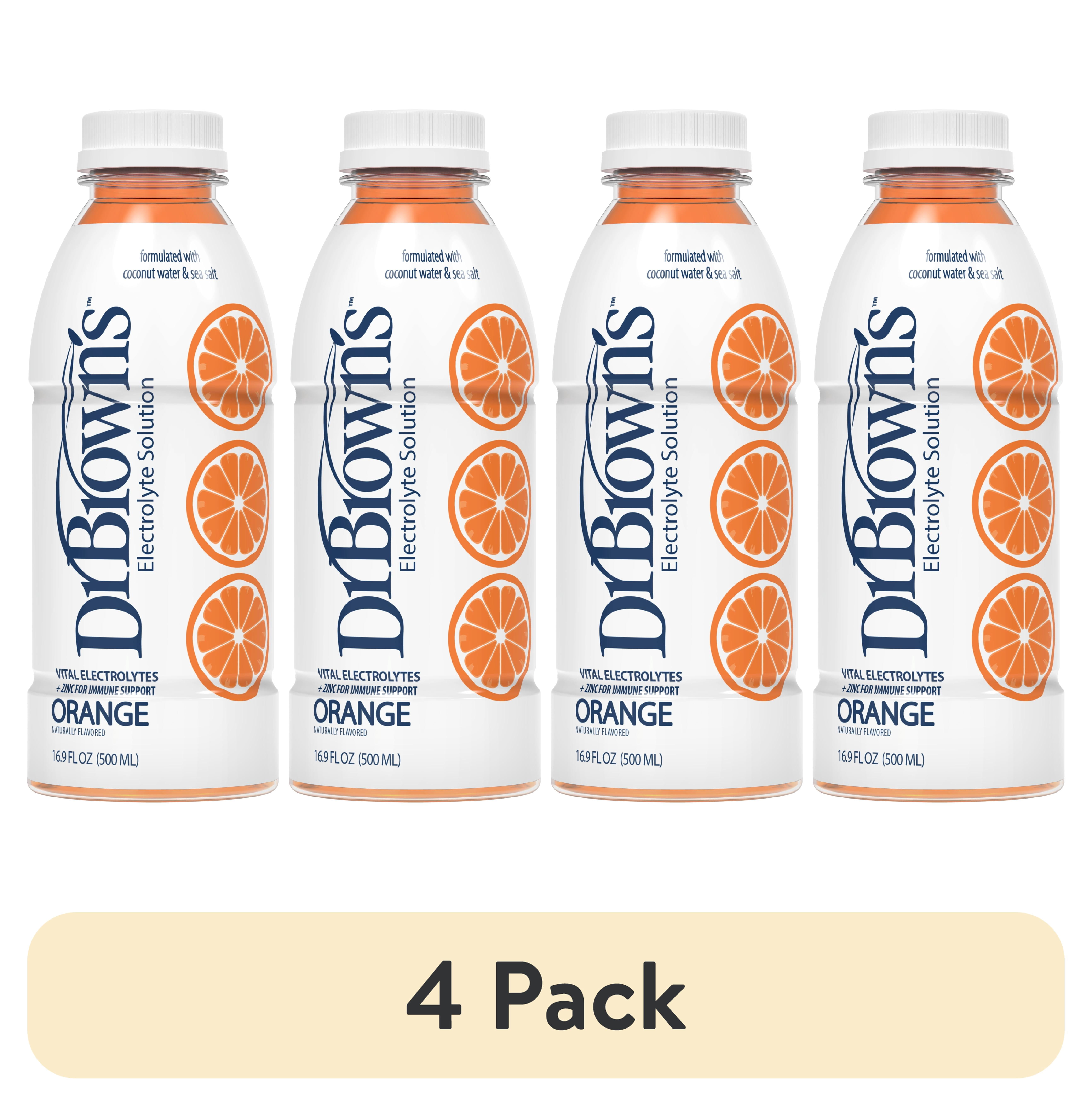(4 pack) Dr. Brown’s Electrolyte Solution with Coconut Water and Sea Salt, 16.9 fl oz/500 ml, Orange, 1-Pack