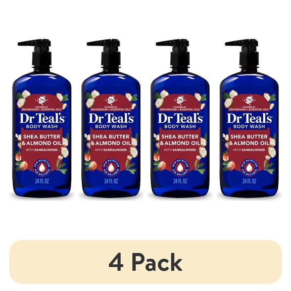(4 pack) Dr Teal’s Body Wash with Shea Butter & Almond and Pure Epsom Salt, 24 fl oz
