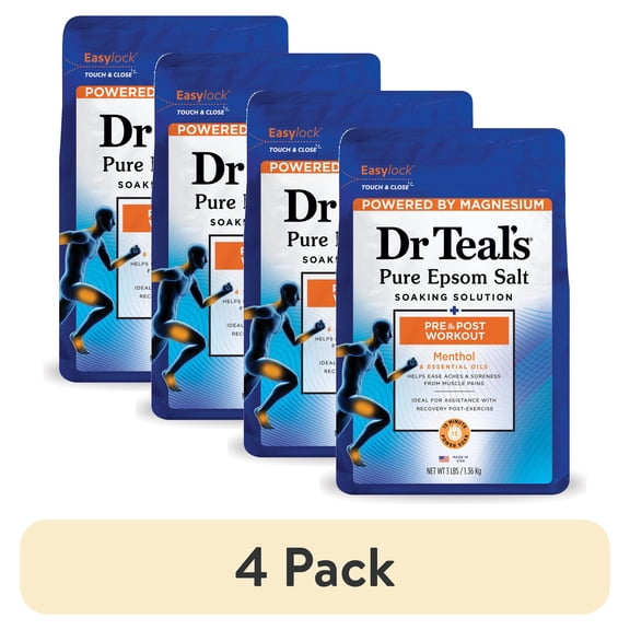 (4 pack) Dr Teal's Epsom Salt Magnesium Soak, Pre & Post Workout with Menthol, 3 lbs