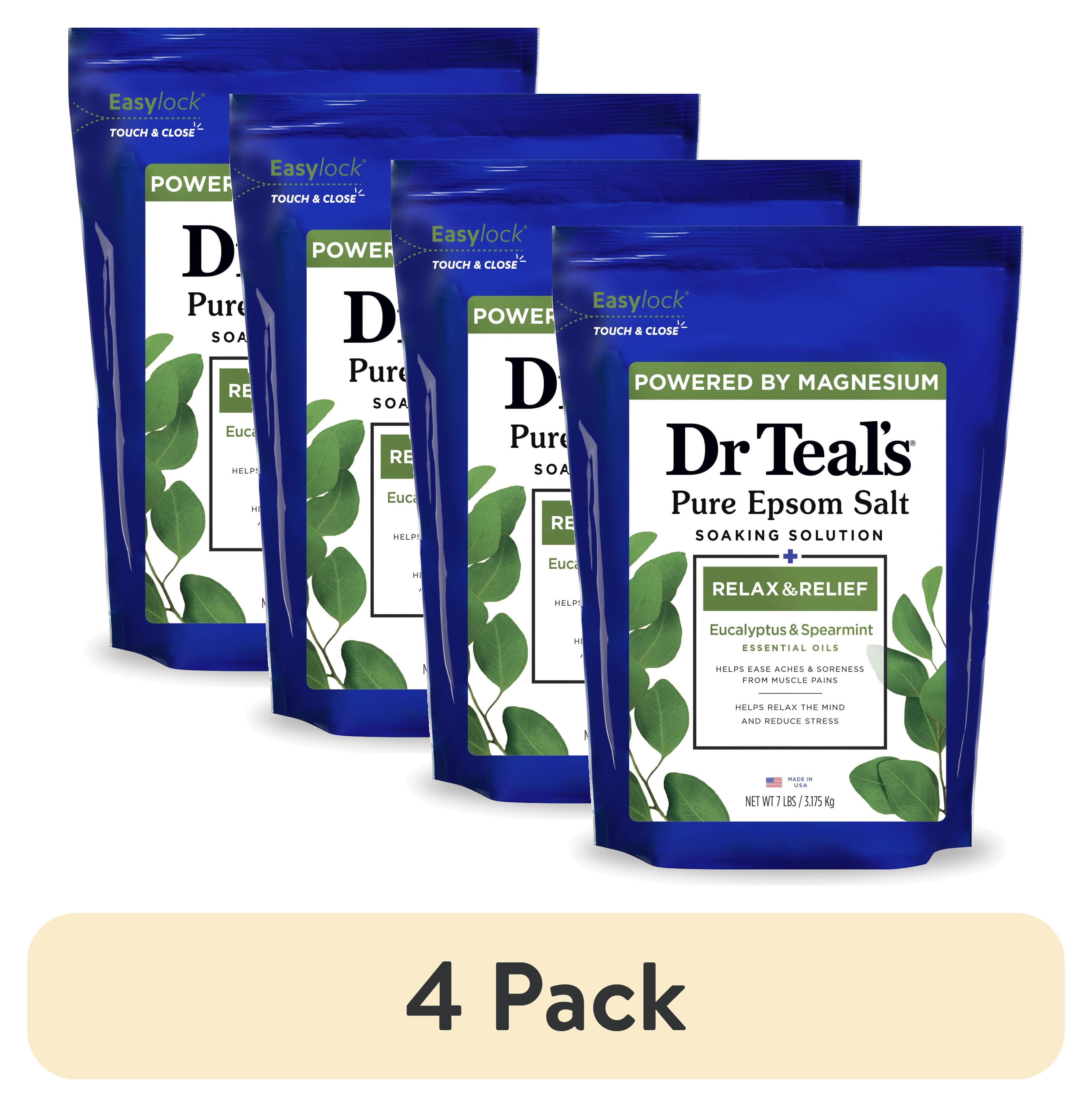(4 pack) Dr Teal's Epsom Salt Magnesium Soak, Relax & Relief with Eucalyptus & Spearmint, 7 lbs