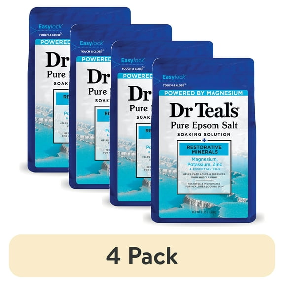 (4 pack) Dr Teal's Epsom Salt Magnesium Soak, Restorative Minerals with  Potassium & Zinc, 3 lbs