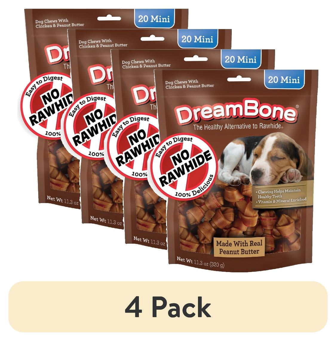 (4 pack) DreamBone Peanut Butter Flavored Rawhide-Free Chews for Dogs, Mini Bones, 20 Count, 11.3 oz.