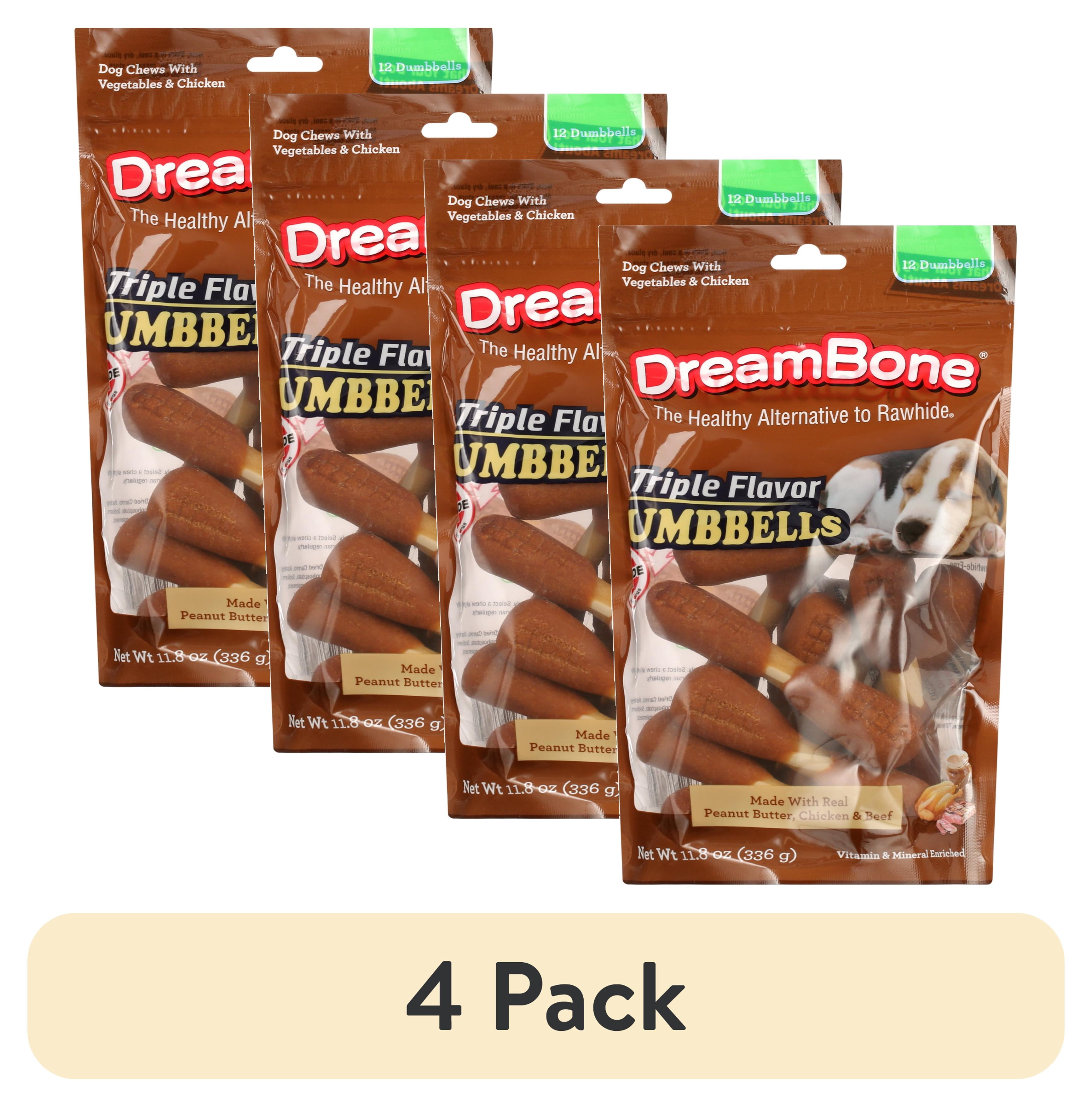 (4 pack) DreamBone Triple Flavor Dumbbells Rawhide-Free Chews for Dogs, Made with Peanut Butter, 12 Count